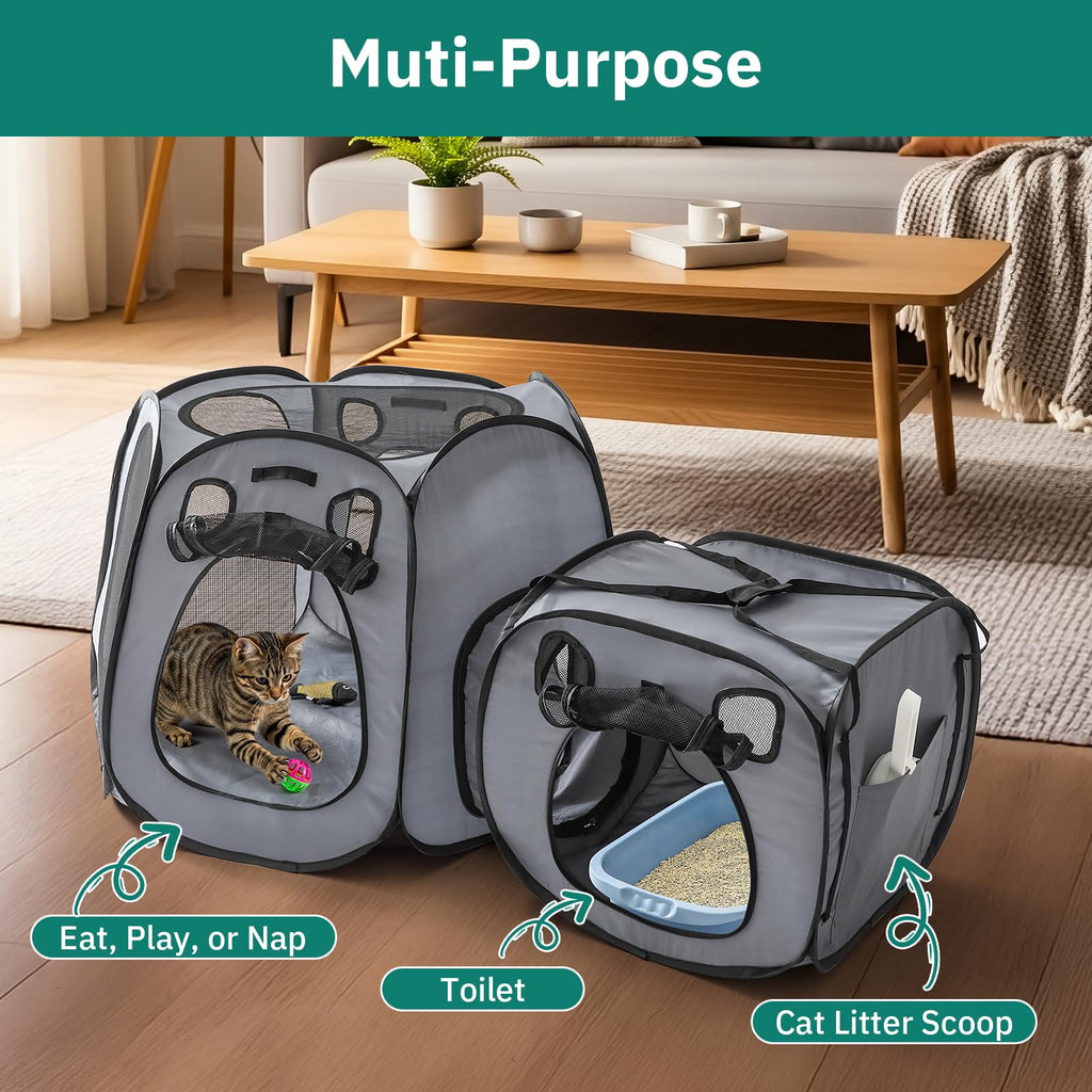 Snuvid Cat Playpen with Separate Litter Box Area, Large Foldable Waterproof Cat Tent - 600D Oxford, Portable Indoor/Outdoor Pet Enclosure, Cage, House & Condos with Carrybag for Kittens, Small Dogs