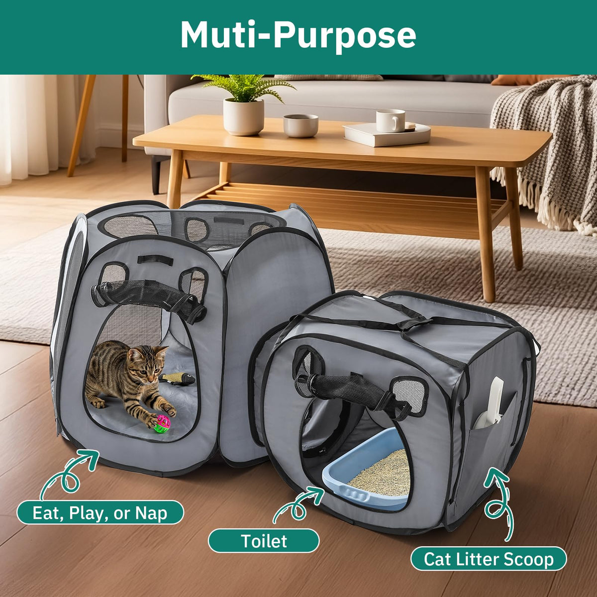 Snuvid Cat Playpen with Separate Litter Box Area, Large Foldable Waterproof Cat Tent - 600D Oxford, Portable Indoor/Outdoor Pet Enclosure, Cage, House & Condos with Carrybag for Kittens, Small Dogs