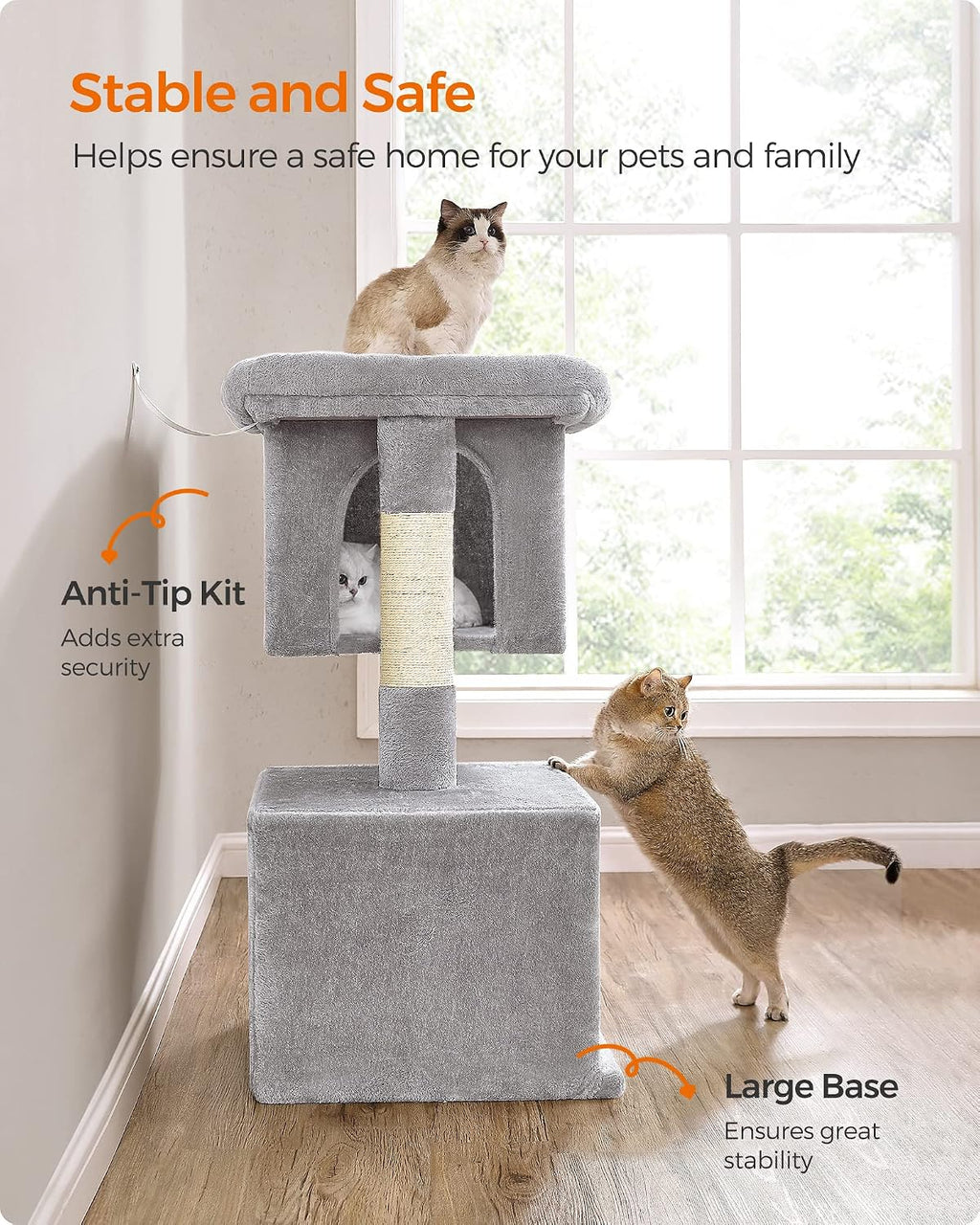 Feandrea Cat Tree, 40.6-Inch Tall Cat Tower, Cute Plush Condo, Light Gray