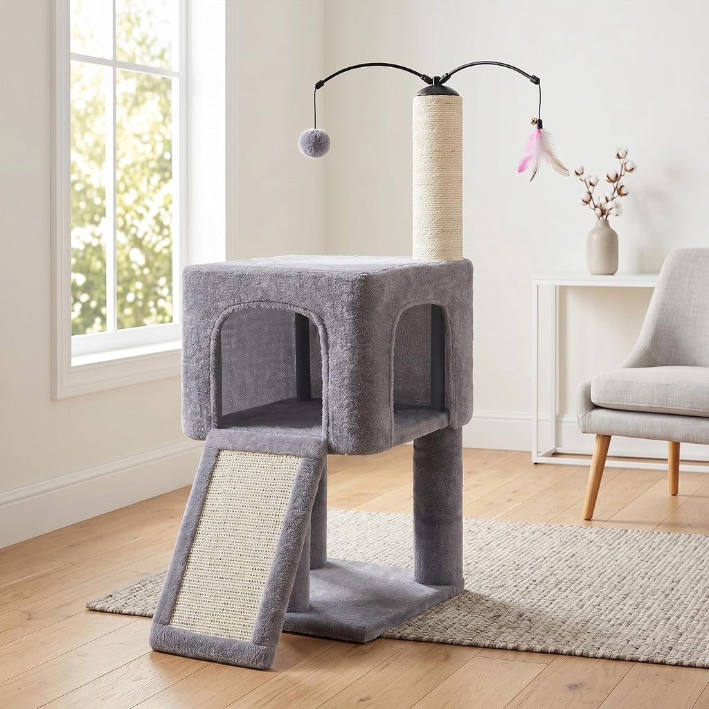 32" Cat Tree for Indoor Cats, 2-in-1 Cat House with Sisal Scratching Post & Ramp, 2-Level Cat Tower with Rotatable Feath