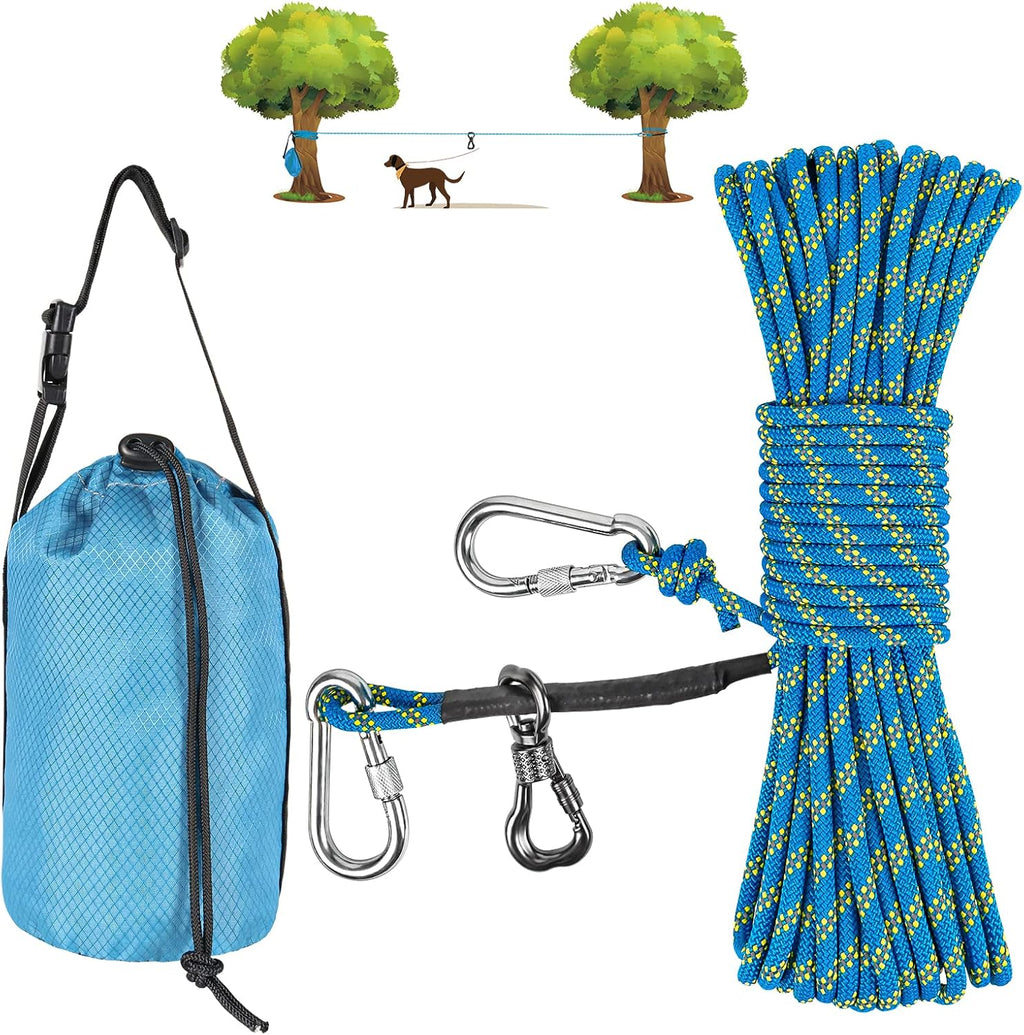 XiaZ Dog Tie Out Cable for Camping, 50ft Portable Overhead Trolley System for Dogs up to 200lbs，Dog Lead for Yard, Campi