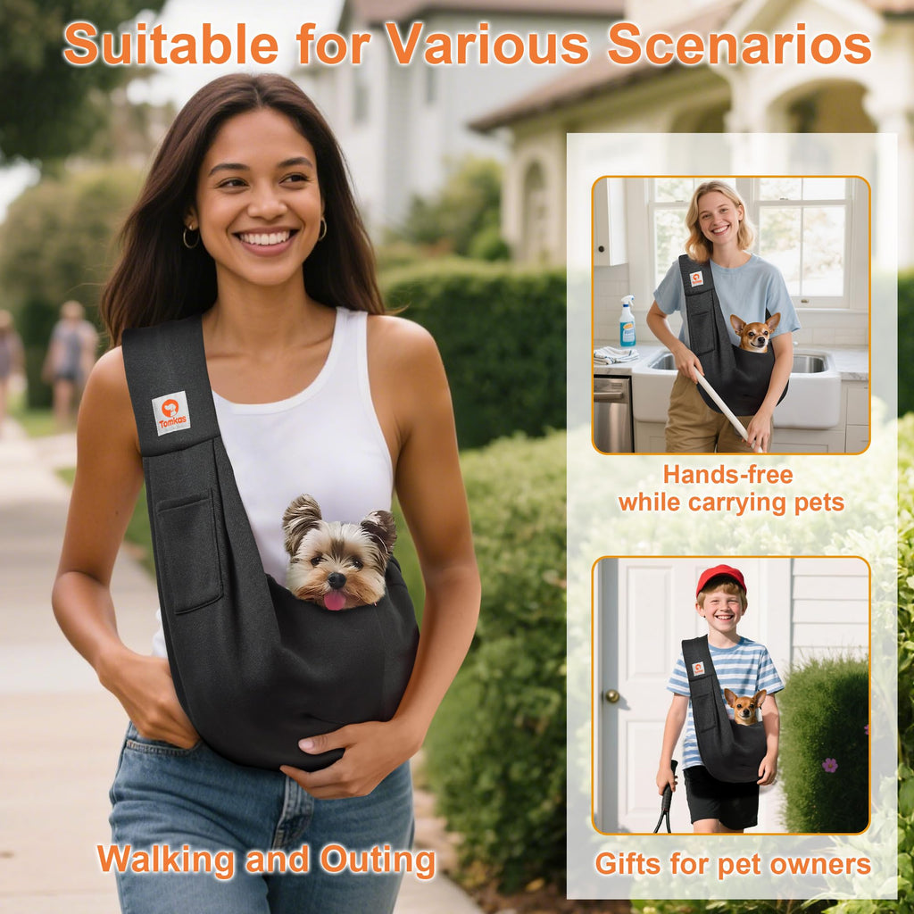 Tomkas Small Dog Cat Sling Carrier Puppy Purse Travel Wrap Soft Crossbody Pet Bag (Black1, M - Classic Pocket & Classic Strap)
