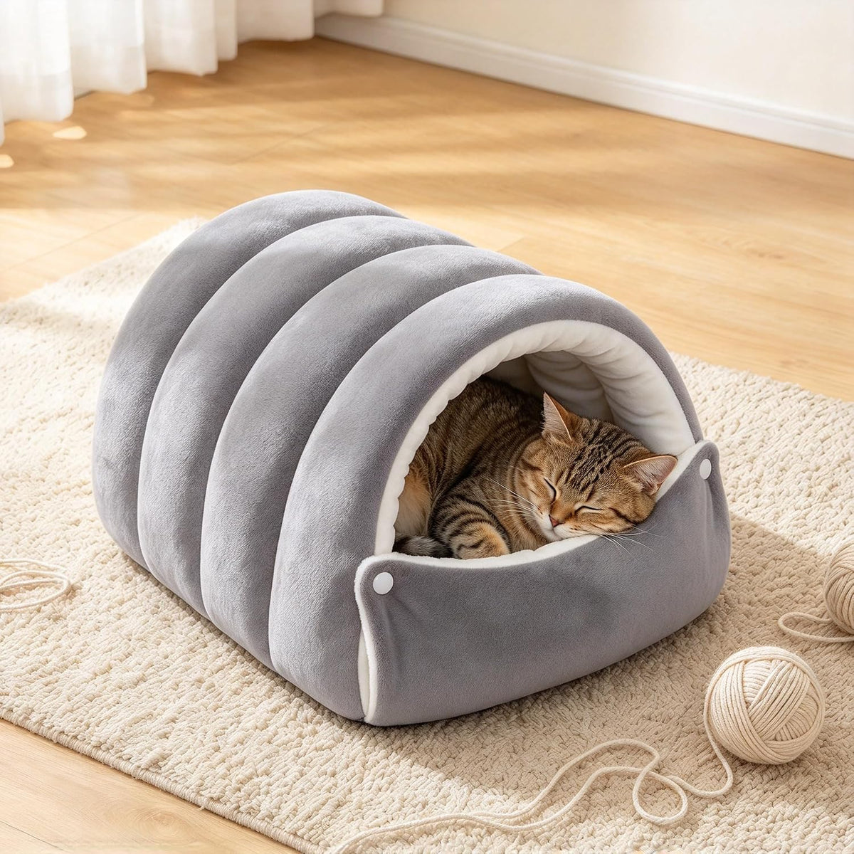 Hooded Cat Cave Bed with Removable Washable Cushion, Warm Plush，Green：M:18.9 x 11.8 x 7.9 inch