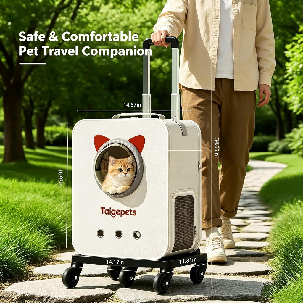 Rolling Cat Carrier Backpack with Wheels, Large Breathable Pet Travel Bag, Lightweight Space Capsule Pet Luggage Carrier