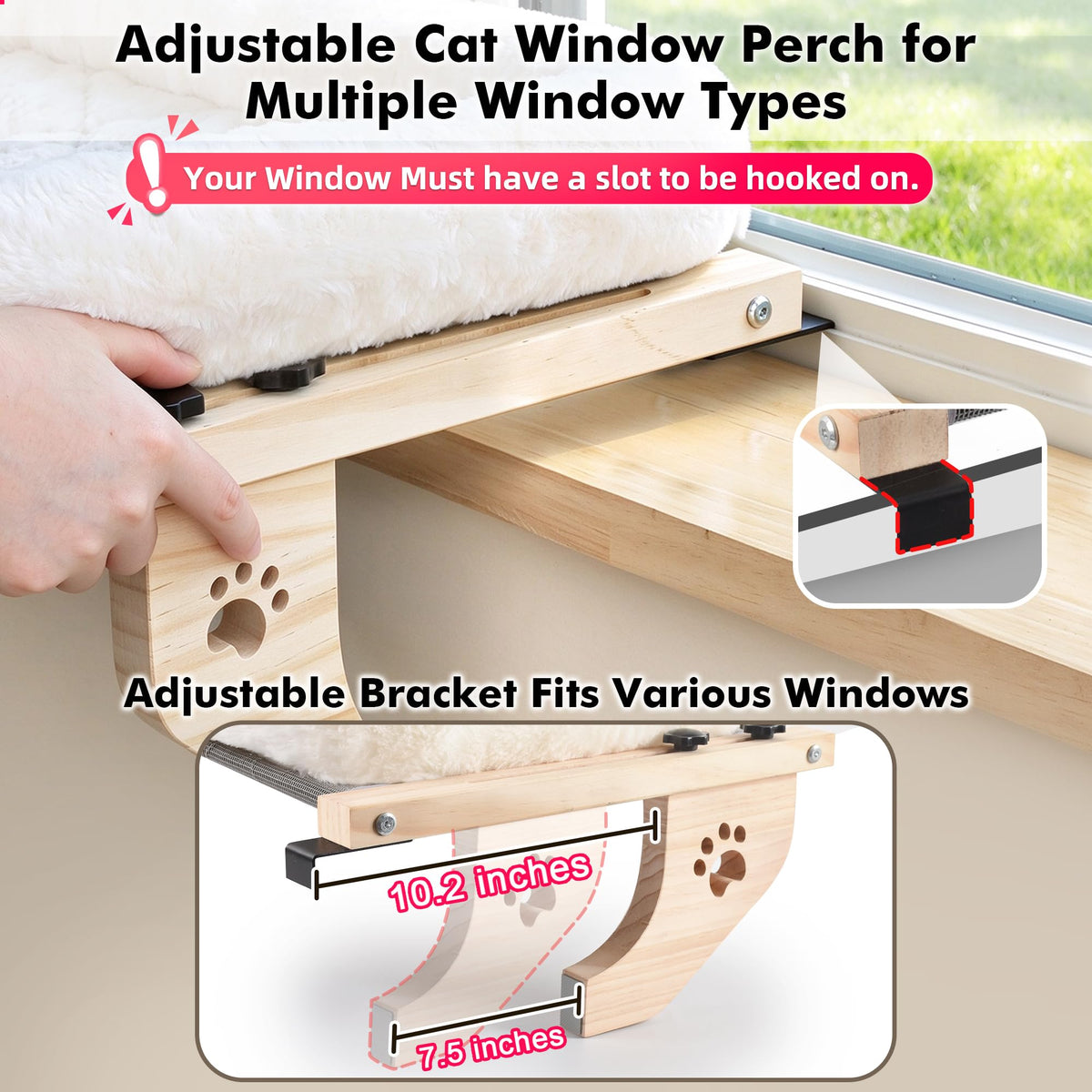 AMOSIJOY Wooden Cat Windowsill Perch with Zipper Cushion Bed, 24.4in