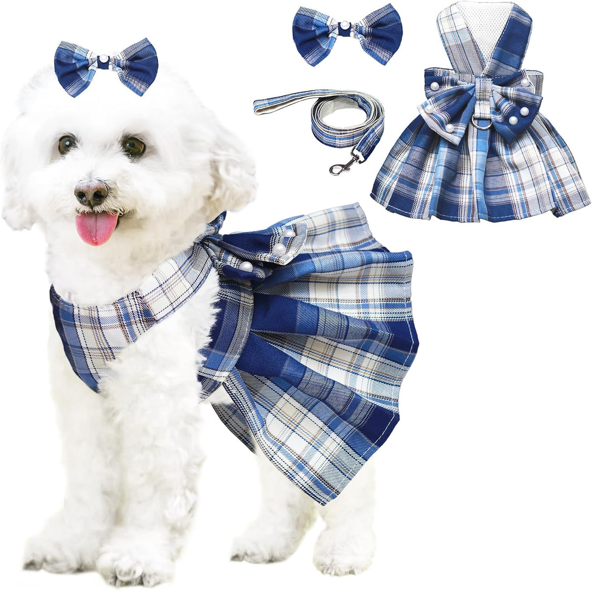 Dog Dress Bowknot Harness Leash Set for Small Dogs Girl Cute Plaid Dog Dress Pearls Bow Tie Spring Summer Princess Cloth