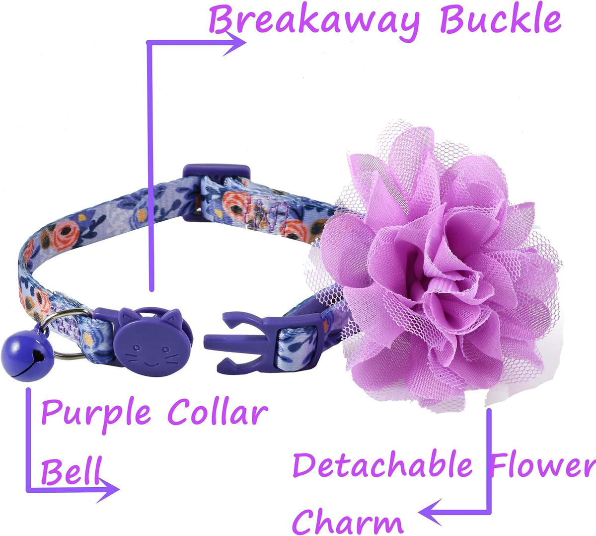 BoomBone Floral Cat Collar with Removable Purple Flower Charm,Breakaway Small Dog Collar with Bell