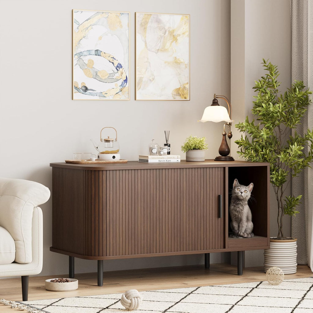 37.4" Cat Litter Box Enclosure with Scratch Pad, Sliding Door