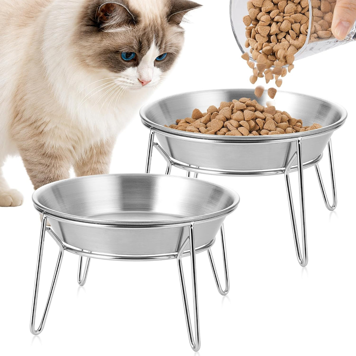 Elevated Cat Bowls, 304 Stainless Steel Raised Cat Dishes, Extra Wide Shallow Cat Bowl for Whisker Fatigue Relief & Flat