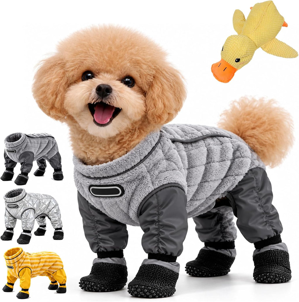 Dog Snowsuit with Attached Boots, Waterproof Winter Full Body Coat，Grey：S
