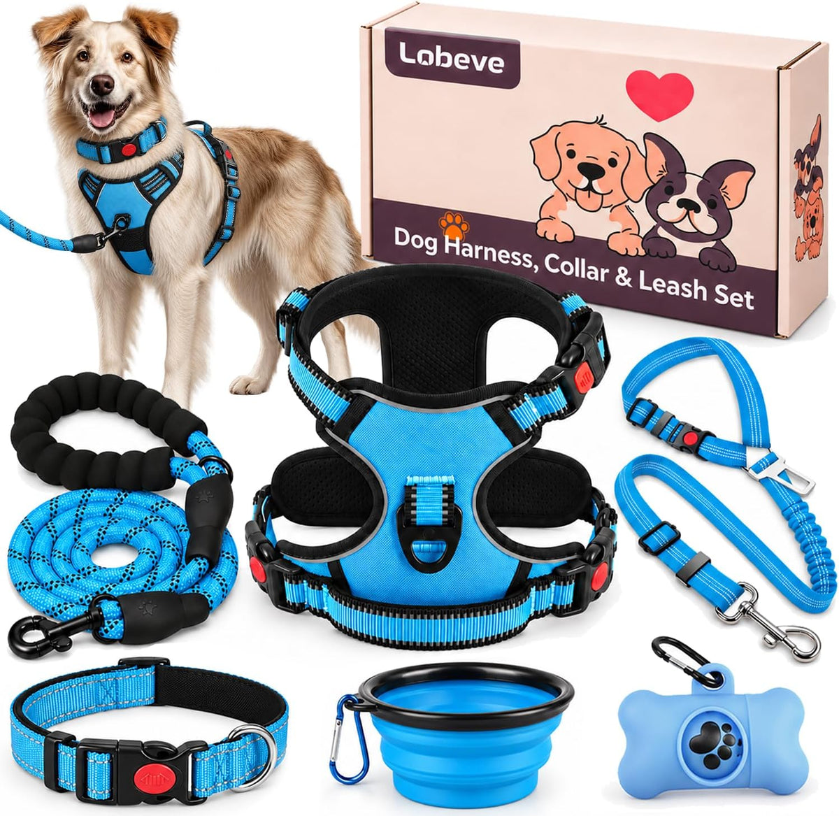 LOBEVE No Pull Dog Harness, Collar & Leash Set with Travel Accessories