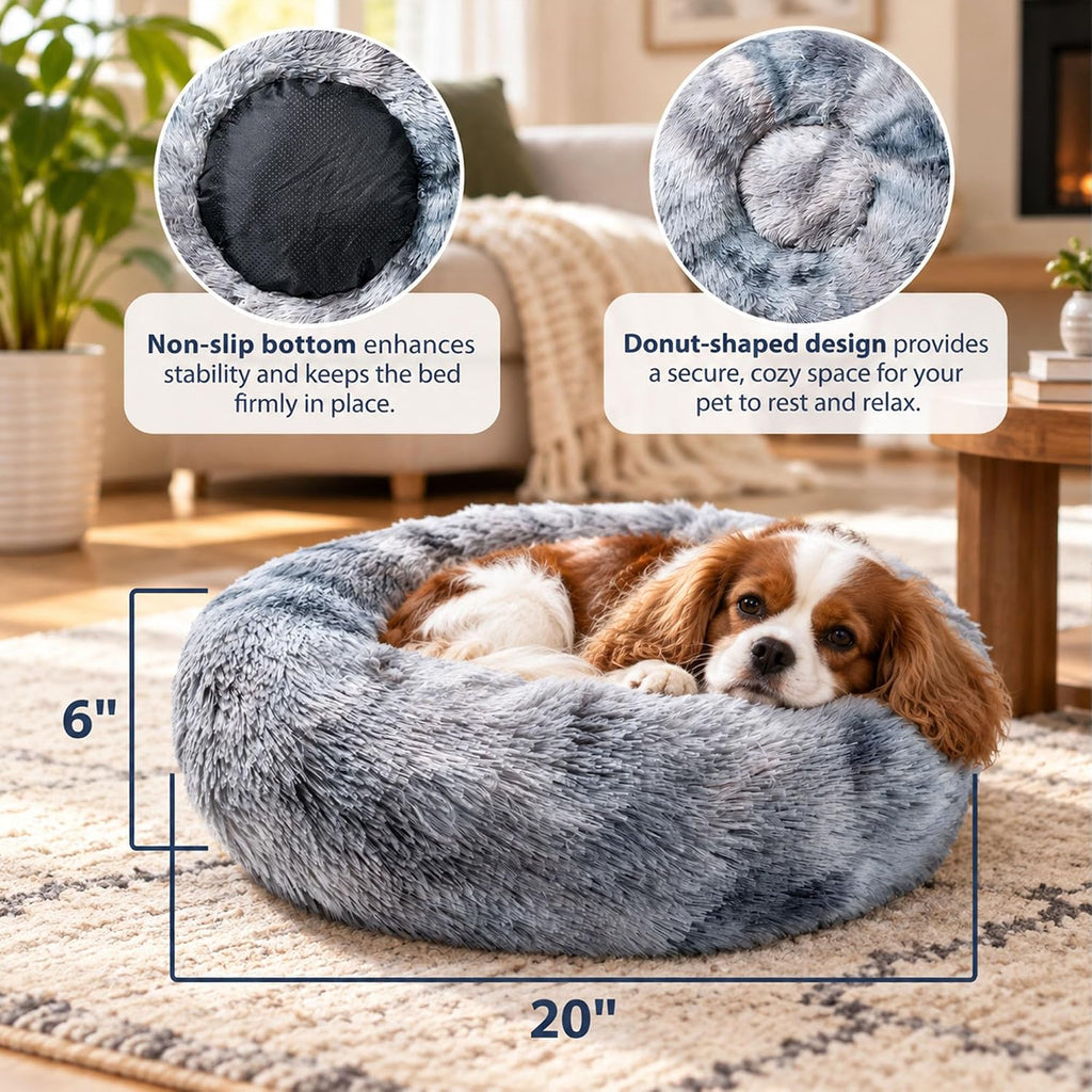Hoewina Dog & Cat Bed for Indoor Cats, 20in Calming Donut Bed Tie-dye Gray