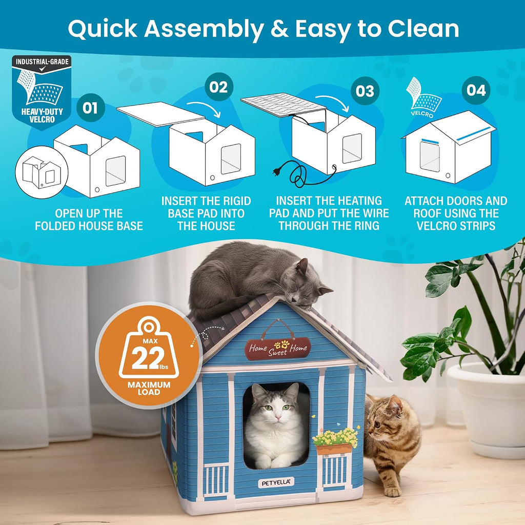 Deluxe Heated Cat House for Winter - Weatherproof, Insulated, Easy Assembly, Cat Heating Pad, Dual Escape Doors, Outdoor
