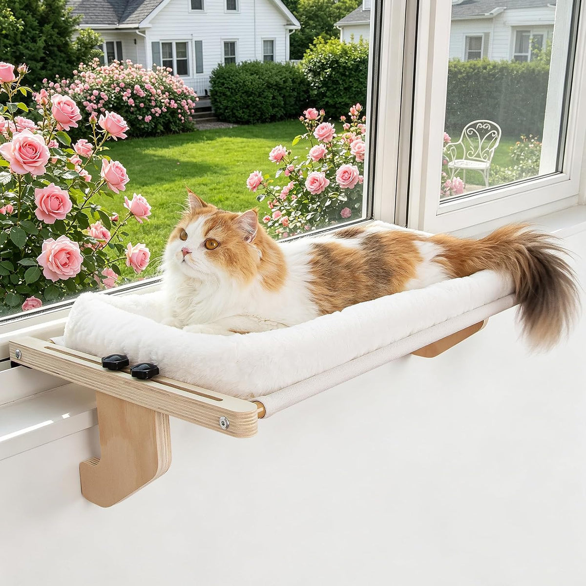 Cat Sill Window Perch - 100% Natural Pine Frame, Plush Fleece Cushion, Tool-Free Adjustment, Supports 55 lbs (Extra Larg