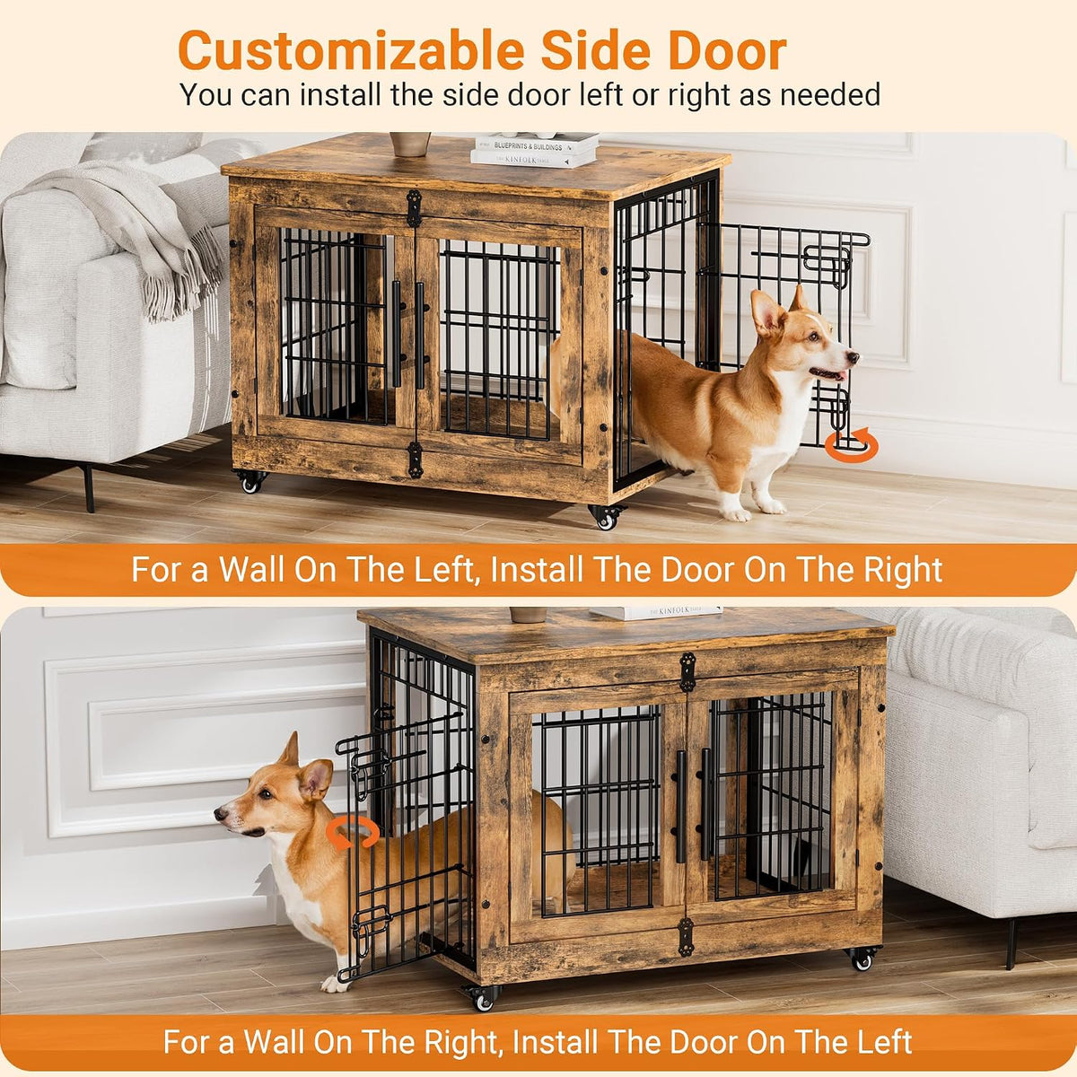 Medium Dog Crate Furniture, 32'' Heavy Duty Kennel w/Cushion & Wheels