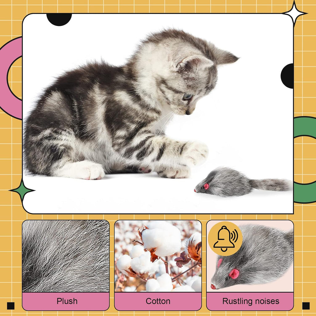 Hungdao 12 Pcs Fur Mice Cat Toys with Rattle Sound, White, Black, Gray