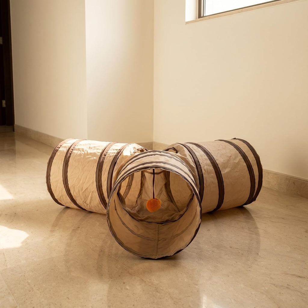Collapsible Cat Play Tunnel Toy 3 Way 4 Hole Beige Polyester