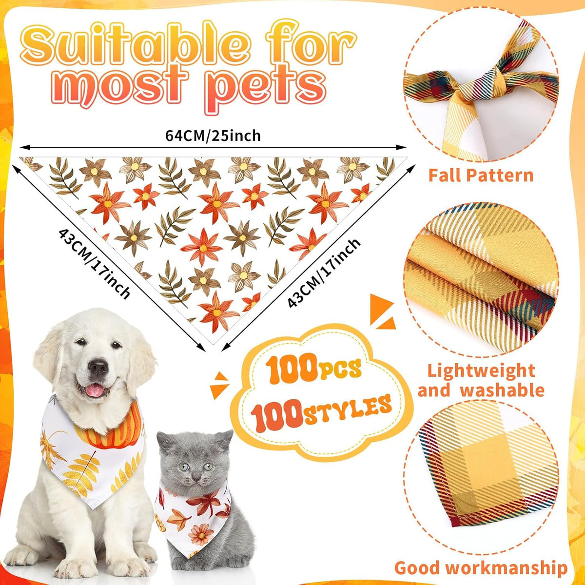 Huhumy 100 Pcs Thanksgiving Fall Dog Bandanas Bulk Fall Bandana for Dogs