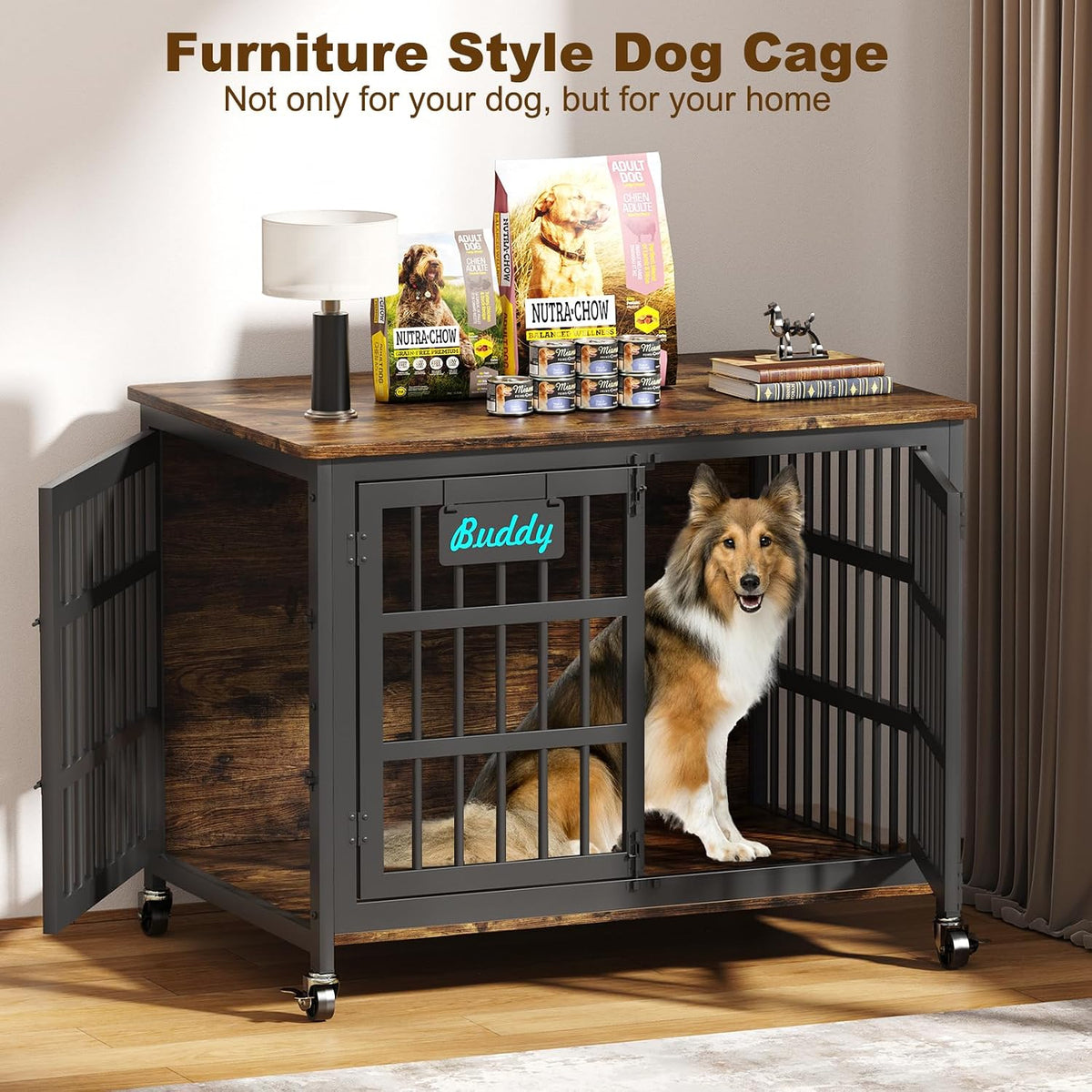 EasyCom 41''Dog Crate Furniture with Wheels, Dog Cage for Medium Dogs DC103