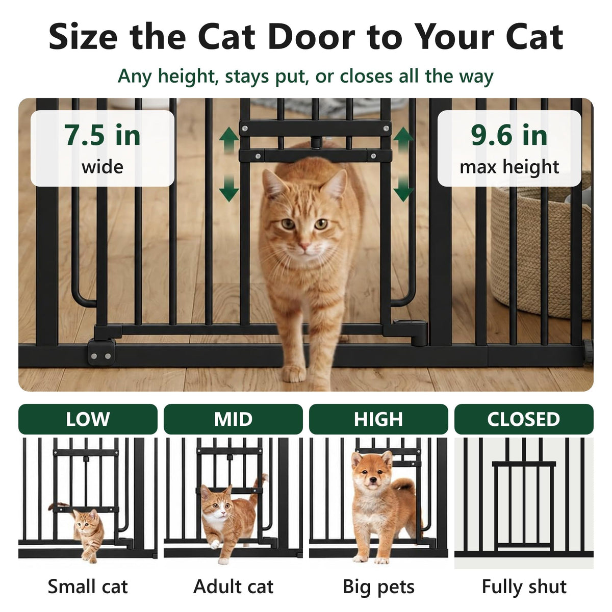 FuzzyNest Dog Gate with Adjustable Cat Door, 29.5-37 in Wide, Black