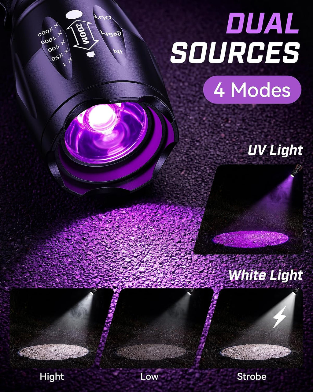 Evteck MOWETOO UV Flashlight with 395nm Black Light & White Light
