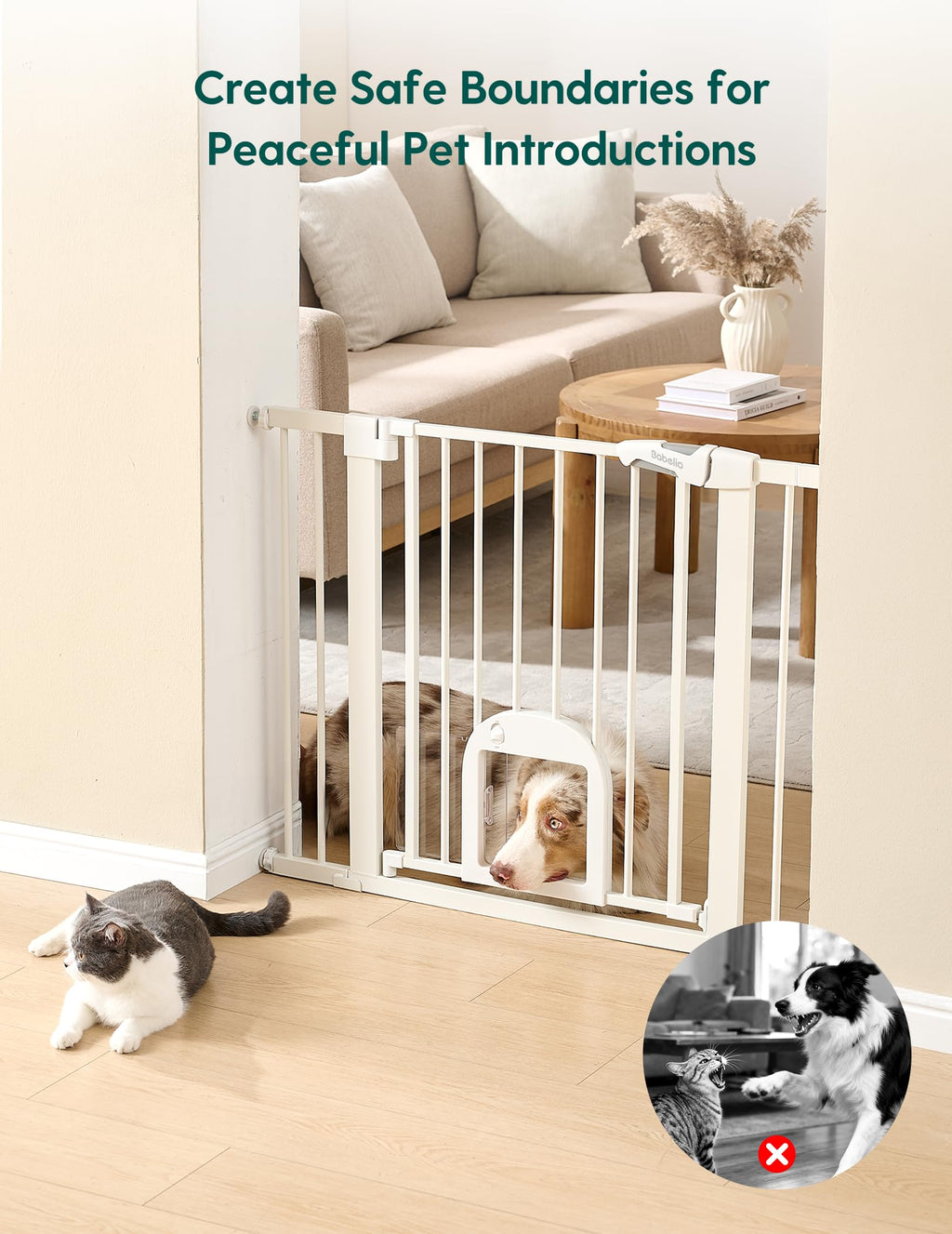 Babelio Dog Gate with Adjustable Cat Door, CatPrivilege III, 29-43", White