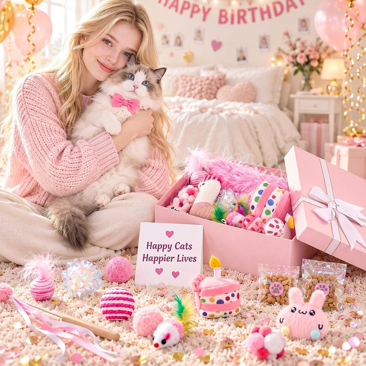 RoundFunny 19 Pcs Cat Toys Gift Box Cat Birthday Toys with Catnip & Wand