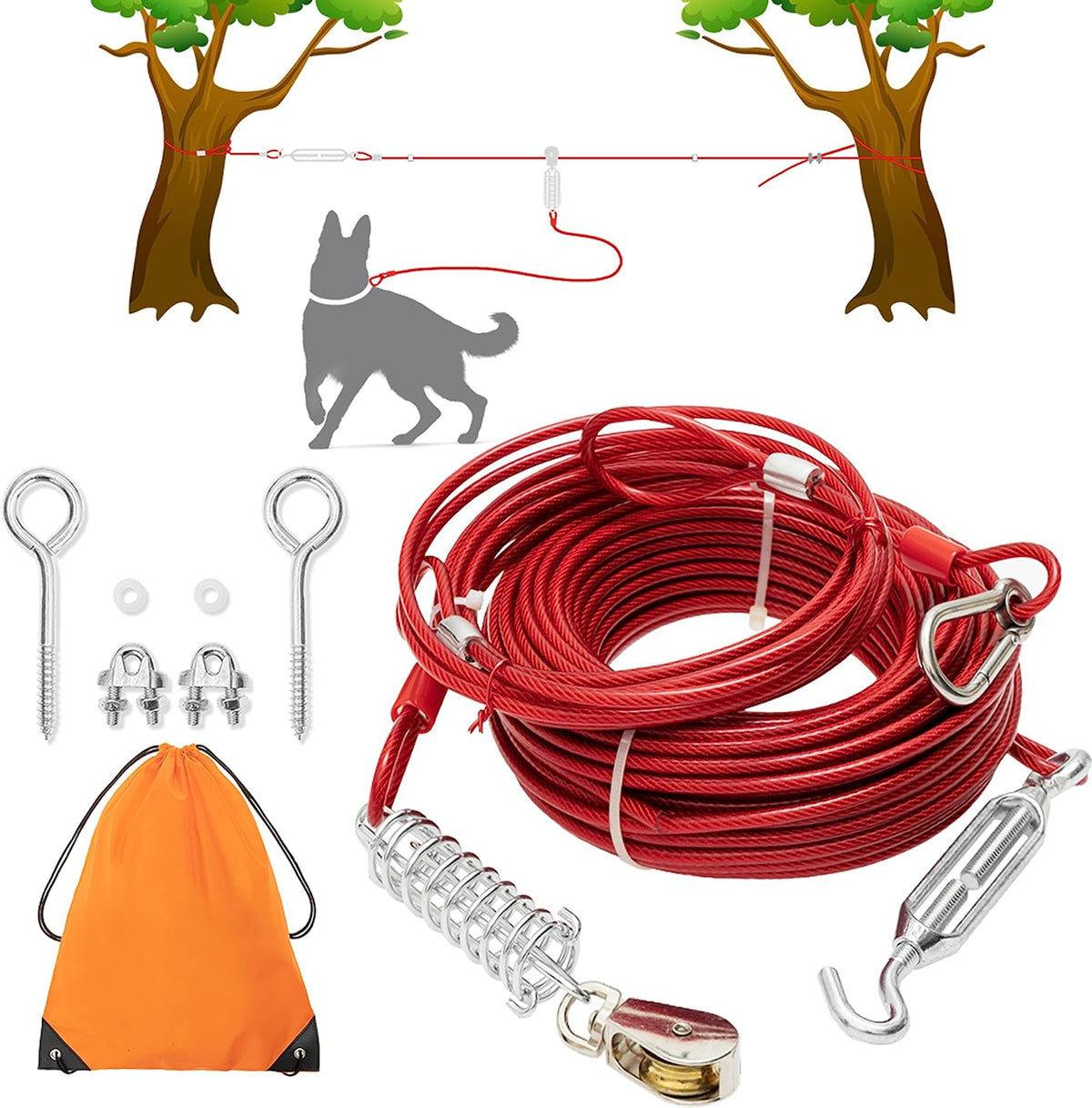 PAWNISAW Dog Runner Cable for Yard, 100 FT+10 FT Dog Tie Out Trolley System