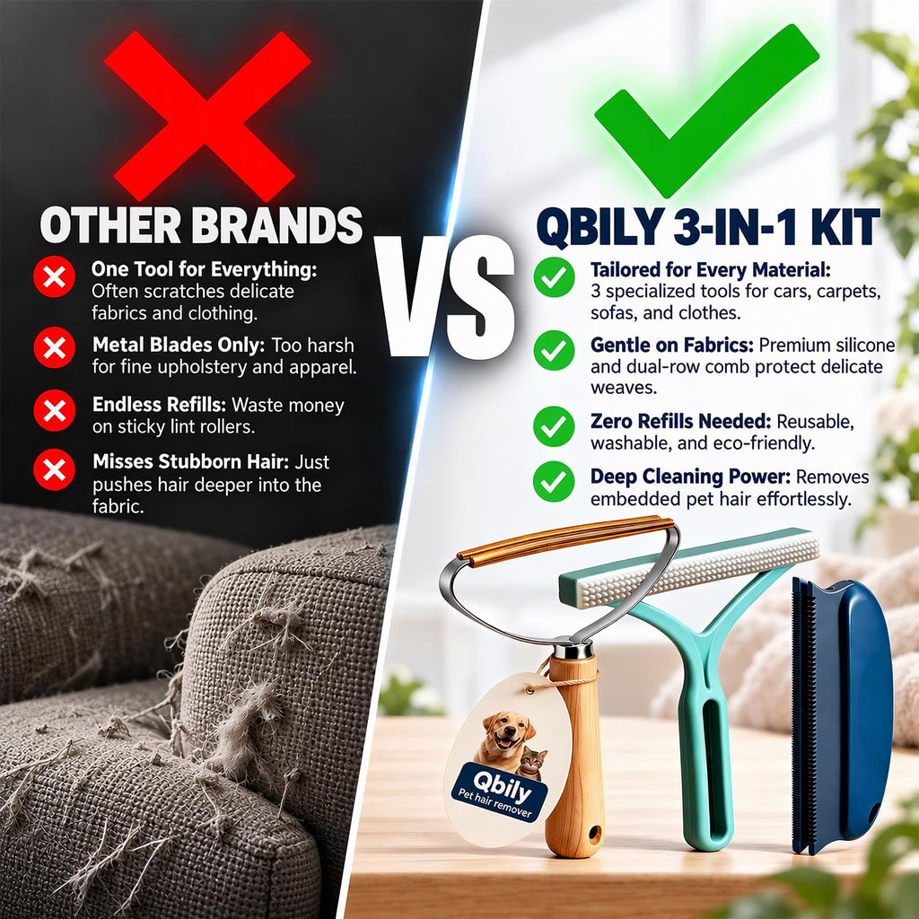 Qbily Pet Hair Remover 2nd Gen (3 Pack) - Reusable Lint Removal Tool for Couch, Carpets, Cat Trees, Car Mats, Furniture, Clothes, Pet Houses, Dog & Cat Hair Scraper Tool with Storage Bag