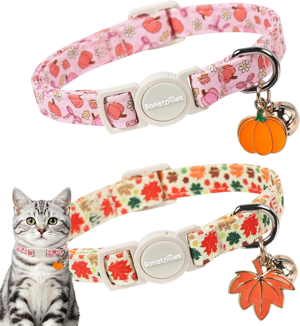 LIONET PAWS 2 Pack Breakaway Cat Collars, Cute Soft Cotton Plaid Gingham & Blue Stripe Kitten Collars with Bell for Boy 