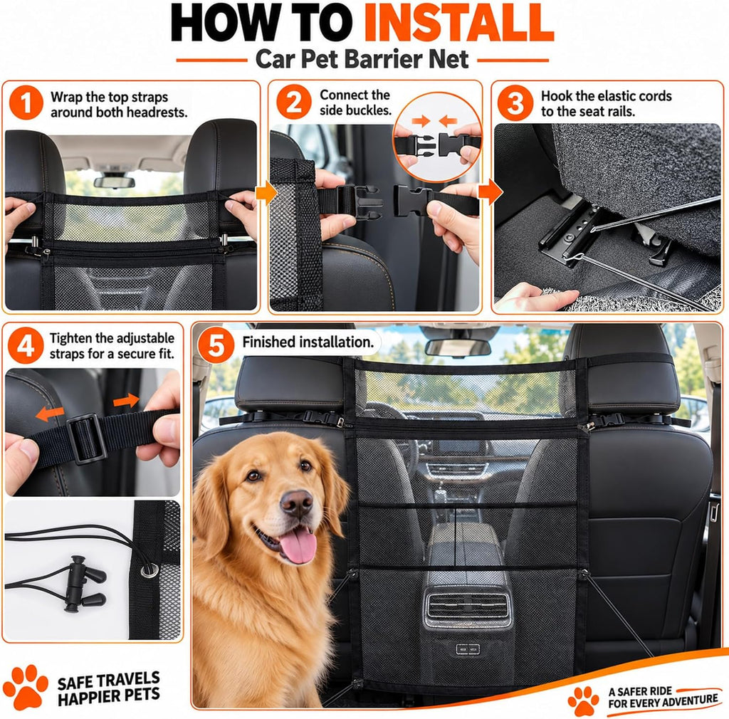 Dog Car Barrier with Mesh Organizer, Heighten Pet Safety Divider for Car