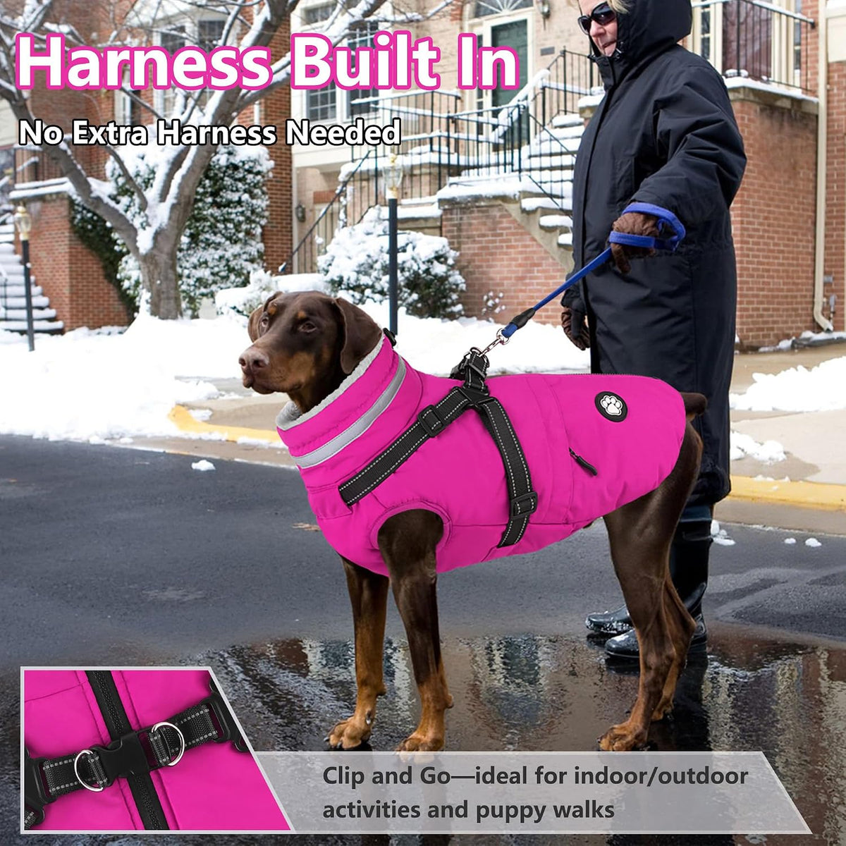 Dogcheer Dog Coat with Harness and Zipper, Waterproof Dog Fleece Jacket