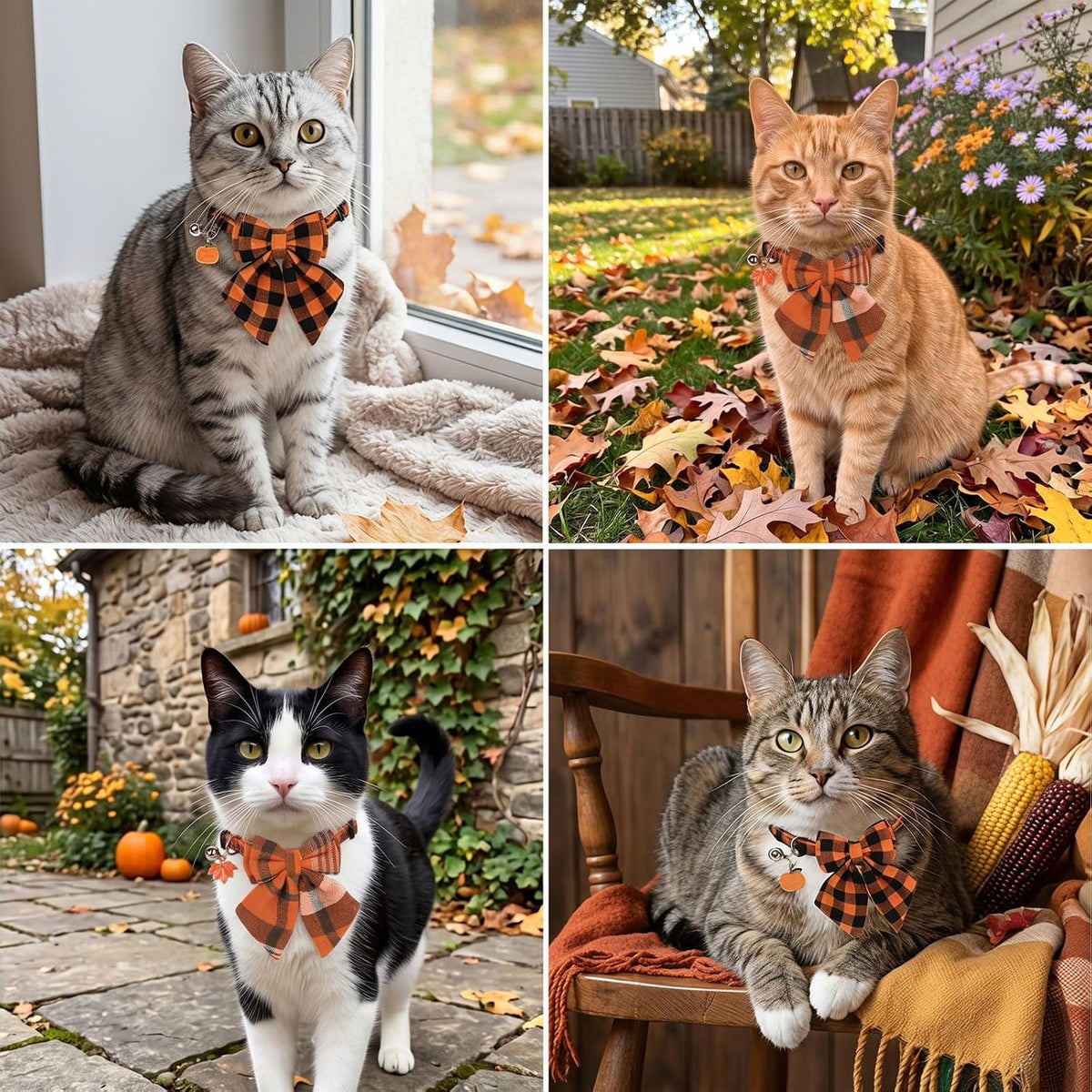 PTDECOR Fall Cat Collar with Stylish Bow, Thanksgiving Orange Plaid Collar