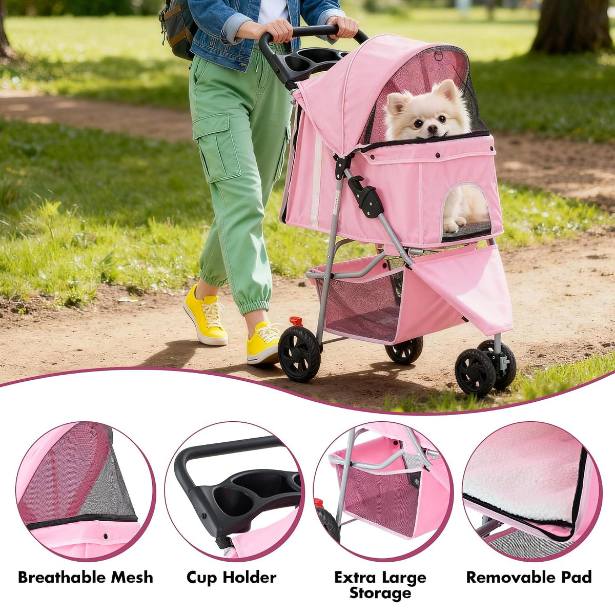 3 Wheel Pet Stroller for Dogs and Cats, Foldable Design