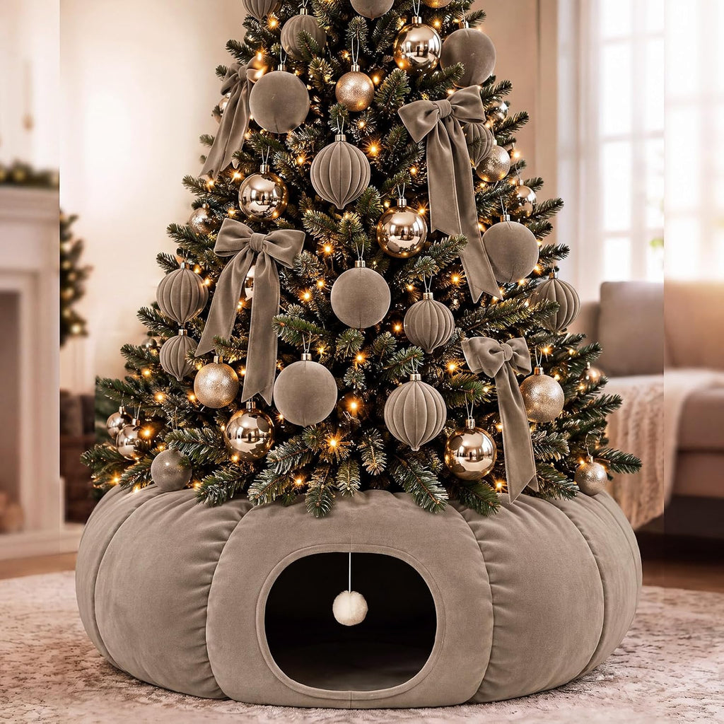 Christmas Tree Cat Tunnel 36in Donut Bed, Red, Velvet, Fluffy