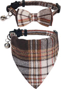 PTDECOR Fall Cat Collar with Bandana Bow, Thanksgiving Brown Plaid Collar