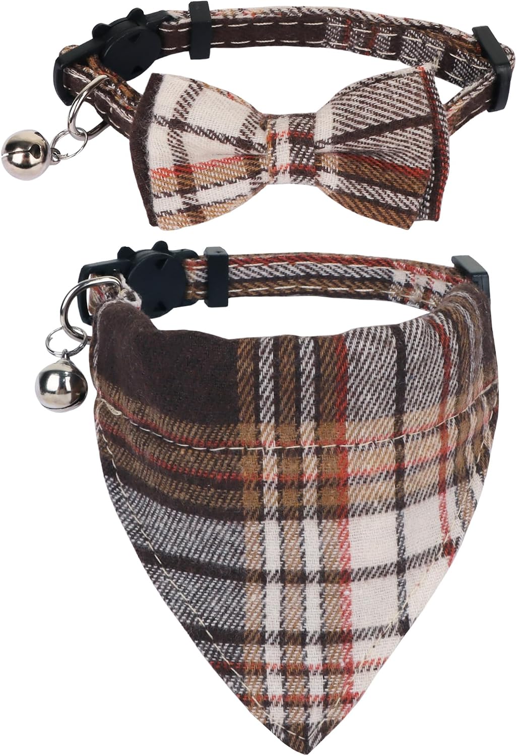 PTDECOR Fall Cat Collar with Bandana Bow, Thanksgiving Brown Plaid Collar