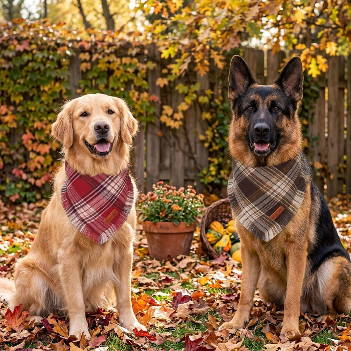 PTDECOR Plaid Fall Dog Bandana, Brown Red Thanksgiving Pet Scarf, X-Large