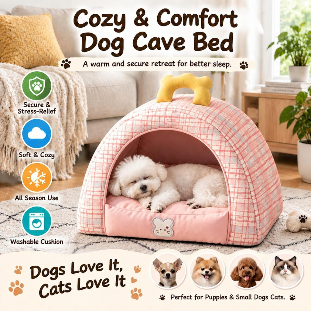Small Dog House Indoor with Carry Handle & Washable Pad,Pet Cave Bed，Pink：L