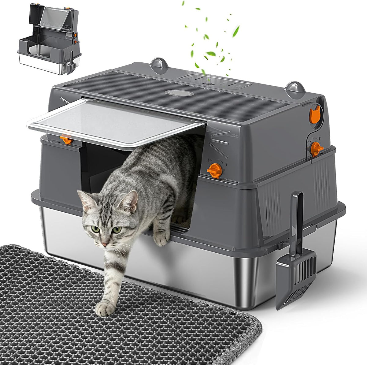 Stainless Steel Litter Box with Lid,135° Flip-Top Lid Litter Box