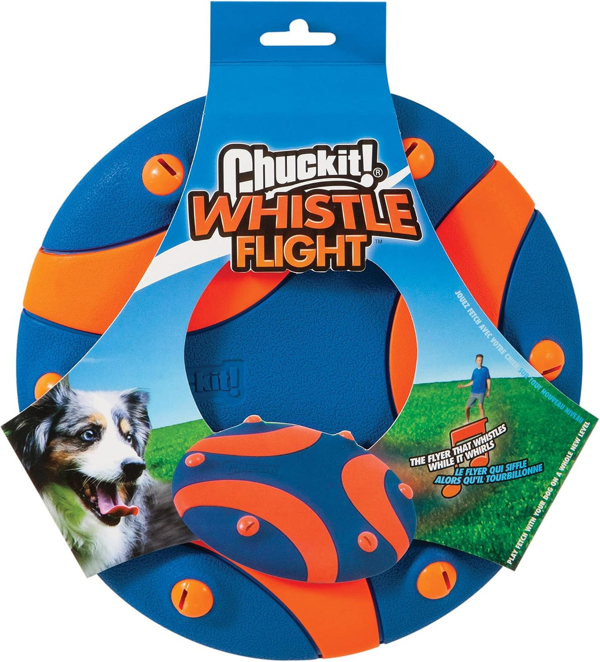 Chuckit! Whistle Flight Fetch Toy, Orange/Blue, for Medium to Large Dogs