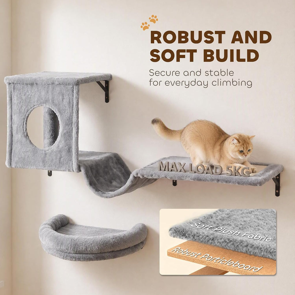 PawHut 3-in-1 Cat Wall Shelves, Wooden Cat Climbing Furniture, Gray