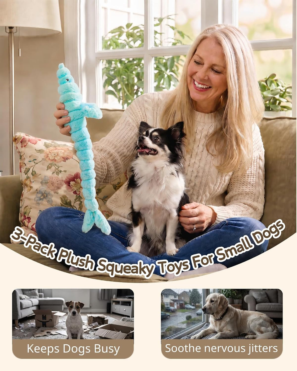 3 Pack No Stuffing Squeaky Dog Toys for Small Dogs,Plush Crinkle Toy