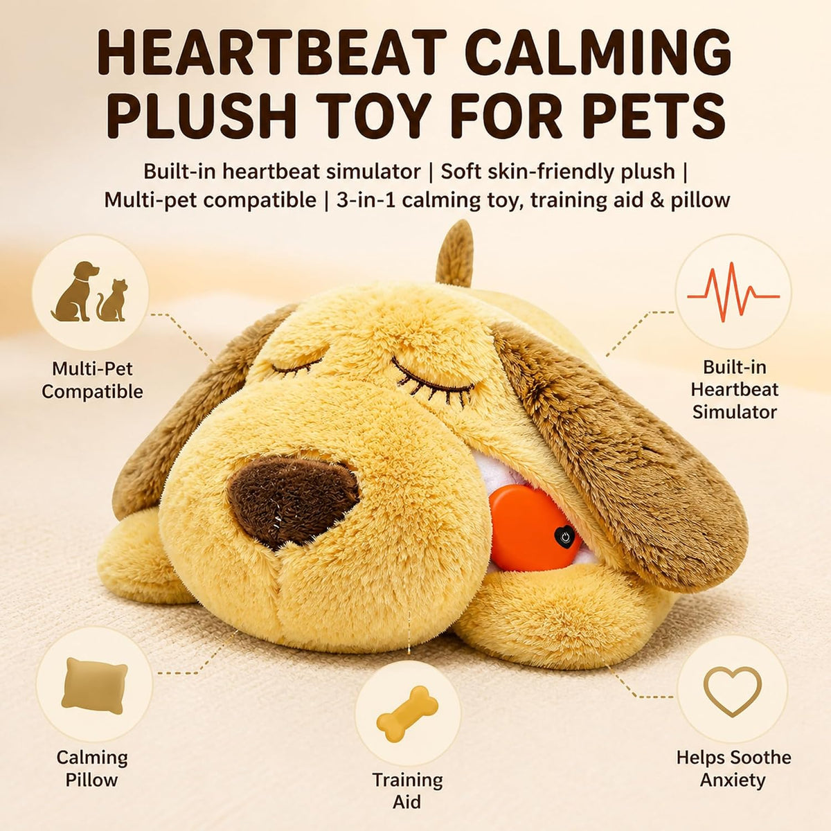 Heartbeat Puppy Toy for Anxiety Relief, Calming Plush Dog Sleep Aid