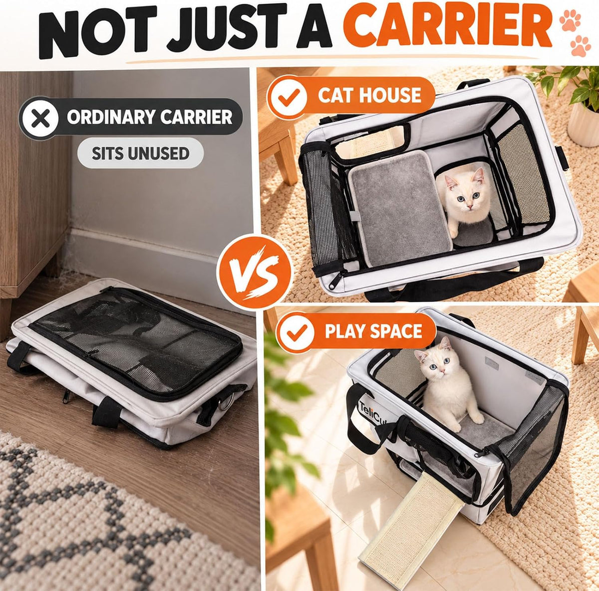 2-Pack Cat Carriers for Travel, Cat House with Scratcher & Tunnel