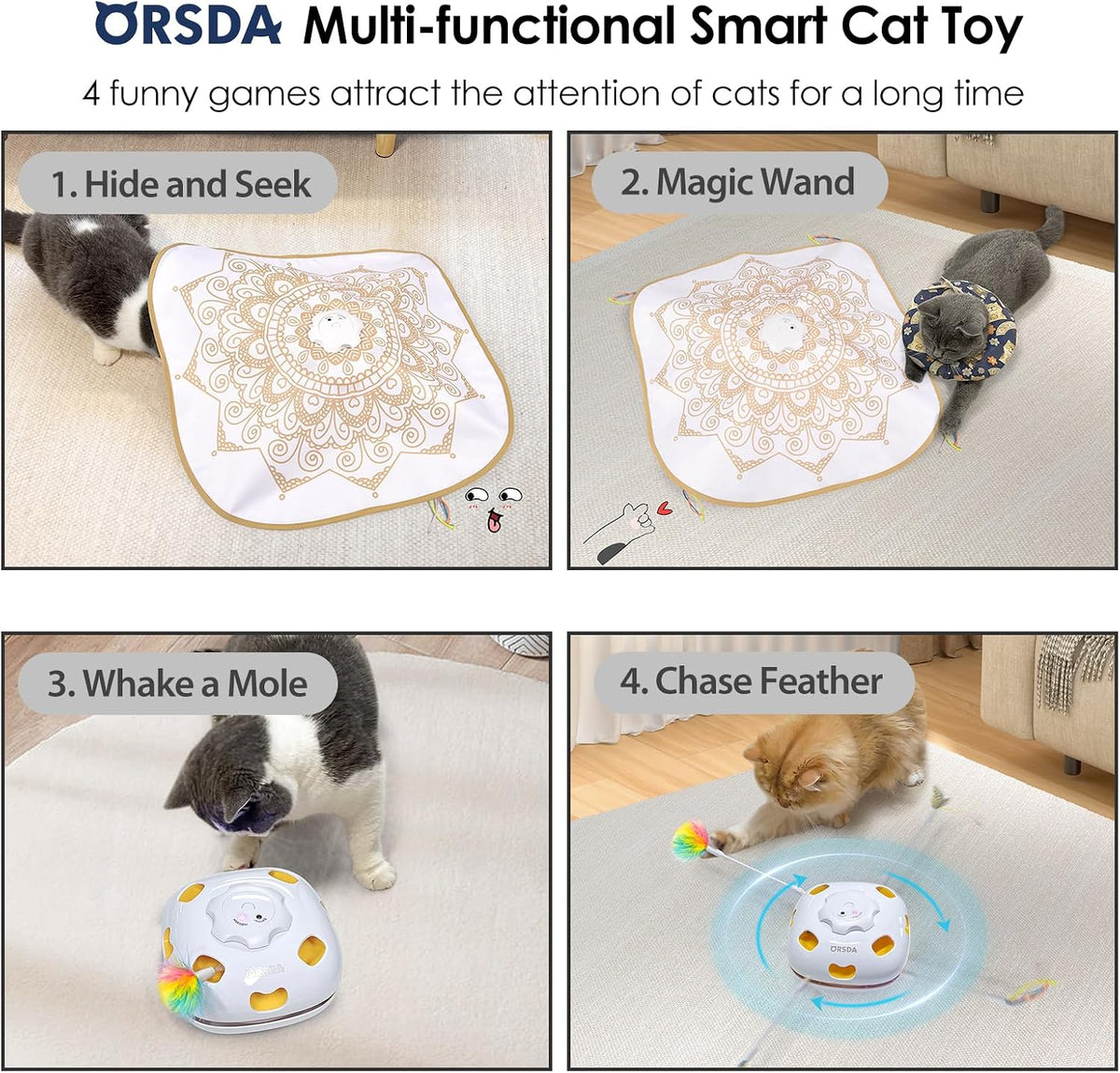 ORSDA Cat Toys for Indoor Cats, 4 in 1 Interactive Automatic Kitten Toys Hide and Seek with Mat, 8 Holes Mice Whack-A-Mo