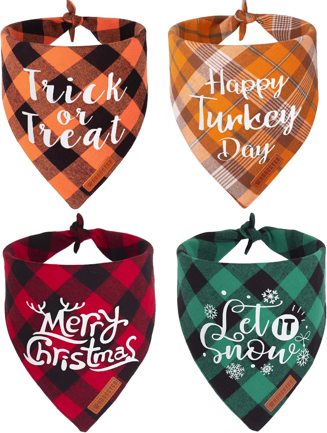 Fall Christmas Dog Bandanas, Plaid Dog Scarf, 4 Pack, Large
