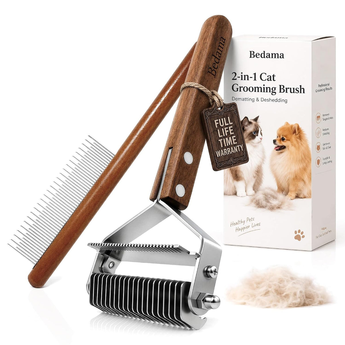 2-in-1 Deshedding & Dematting Cat Brush for Long Haired Cats