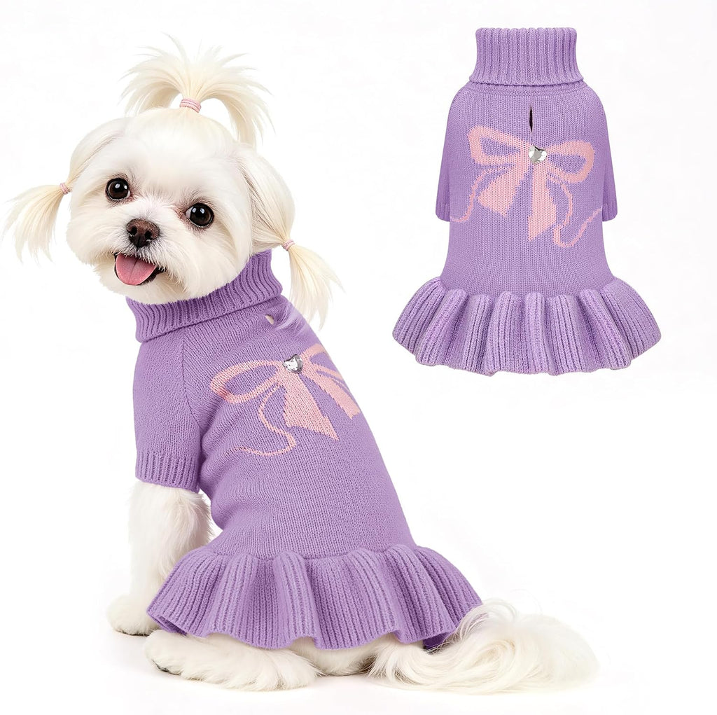 Bowknot Dog Sweater Dress for Small Dogs Girl, Stretchy Pet Clothes