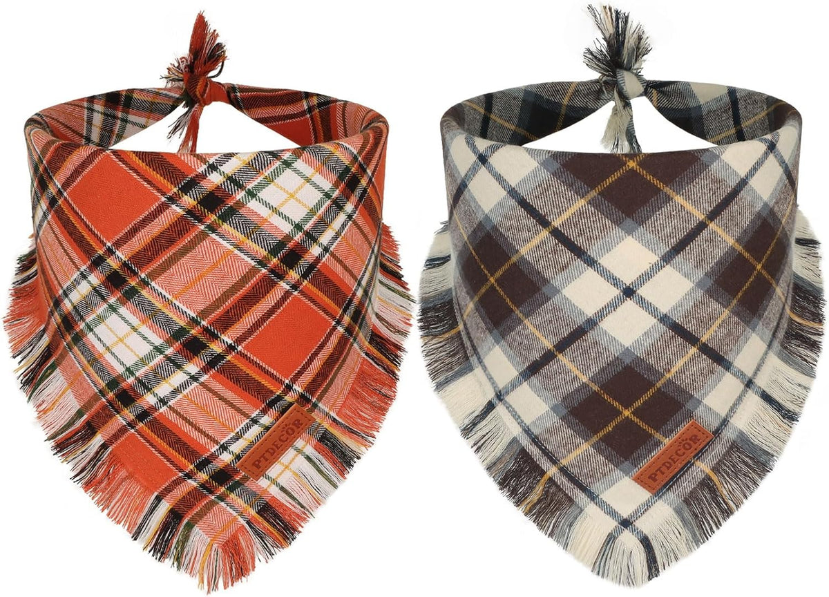 PTDECOR Plaid Fall Dog Bandana, Brown Red Thanksgiving Pet Scarf, X-Large